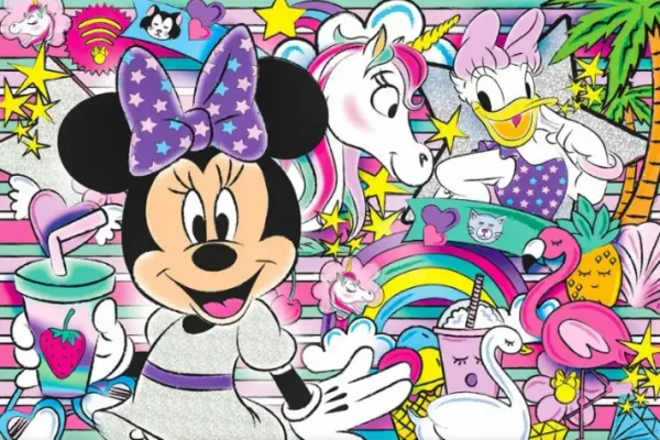 Obdélníkový jedlý obrázek na dort – Minnie, s Daisy, jednorožcem a plameňákem (růžová, tyrkysová, fialová)