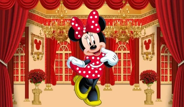 Obdélníkový jedlý obrázek na dort – Minnie, v červených šatech v sále (červená, zlatá, bílá)