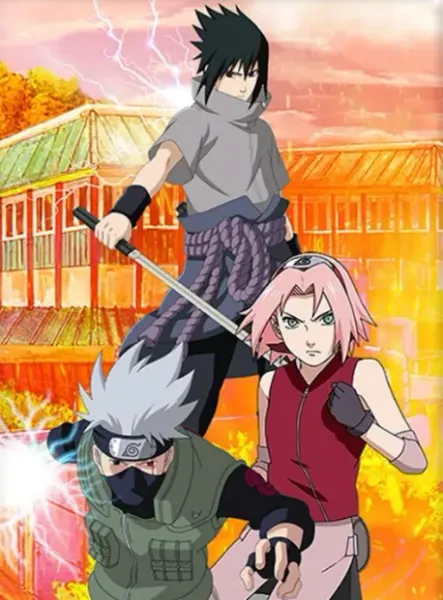 Obdélníkový jedlý obrázek na dort – Naruto, Sasuke s mečem, Sakura a Kakashi (červená, šedá, žlutá)