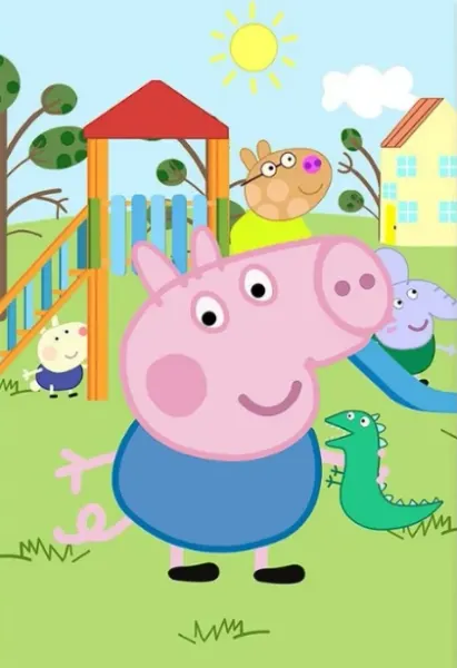 Obdélníkový jedlý obrázek na dort – Prasátko Peppa, Tomík s dinosaurem na hřišti (zelená, modrá, růžová)
