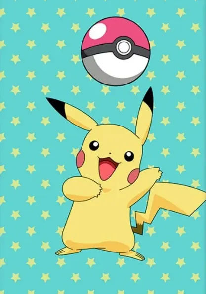 Obdélníkový jedlý obrázek na dort – Pokémon, Pikachu a růžový Pokéball (tyrkysová, žlutá, růžová)