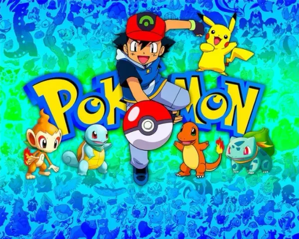 Obdélníkový jedlý obrázek na dort – Pokémon, trenér Ash vrhající Pokéball (modrá, tyrkysová, žlutá)