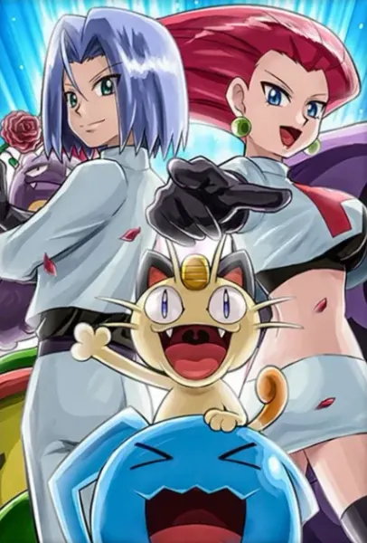 Obdélníkový jedlý obrázek na dort – Pokémon, Rakeťáci Jessie, James a Meowth (modrá, červená, bílá)