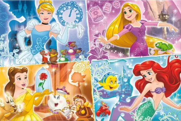 Obdélníkový jedlý obrázek na dort – Princezny, čtyři hrdinky se zvířecími přáteli (modrá, fialová, žlutá)