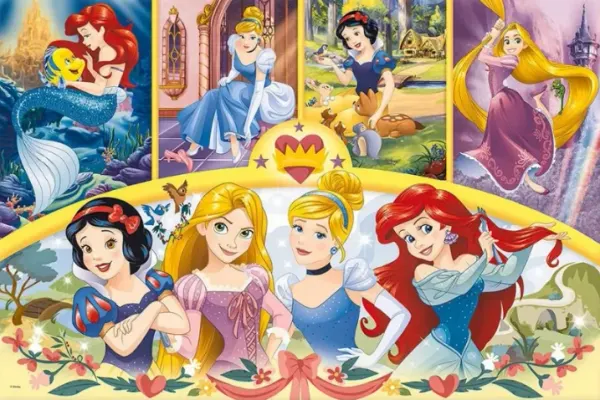 Obdélníkový jedlý obrázek na dort – Princezny, koláž s květinami a mašlemi (modrá, žlutá, růžová)