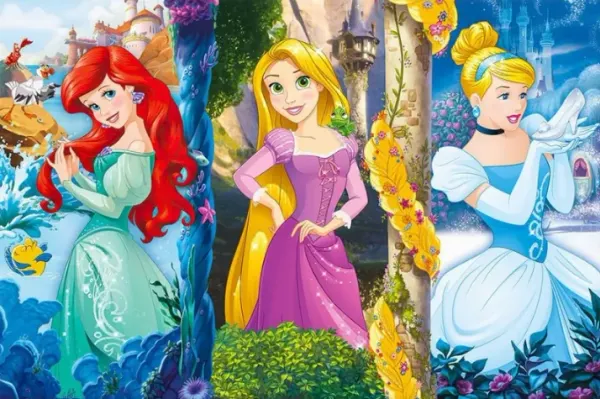 Obdélníkový jedlý obrázek na dort – Princezny, Ariel, Locika a Popelka (modrá, růžová, tyrkysová)