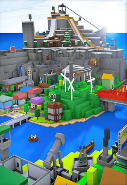 Obdélníkový jedlý obrázek na dort – Roblox, kostičkový ostrov s horami (modrá, zelená, šedá)