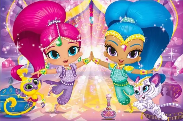 Obdélníkový jedlý obrázek na dort – Shimmer a Shine (růžová, modrá, fialová)