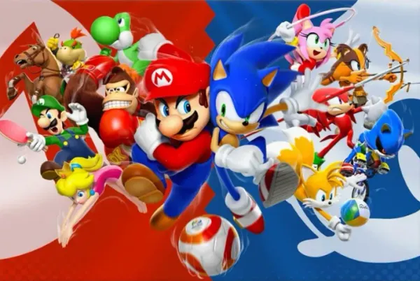Obdélníkový jedlý obrázek na dort – Sonic a Super Mario (červená, modrá, bílá)