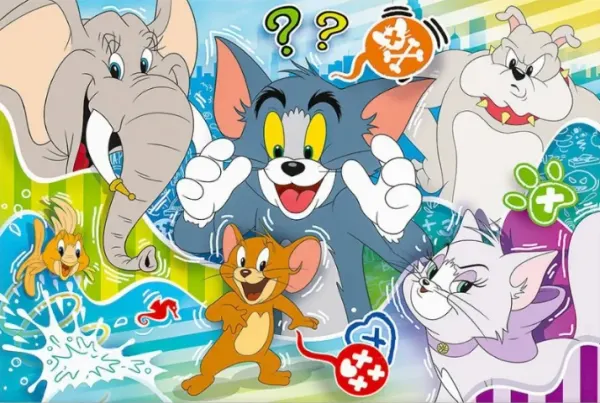 Obdélníkový jedlý obrázek na dort – Tom a Jerry, s buldokem Spikem a přáteli (modrá, zelená, bílá)