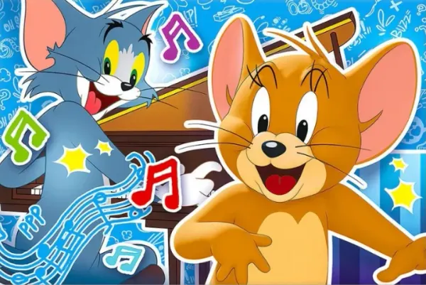 Obdélníkový jedlý obrázek na dort – Tom a Jerry, Tom u klavíru a tančící Jerry (modrá, hnědá, žlutá)