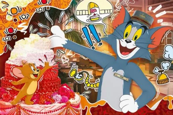 Obdélníkový jedlý obrázek na dort – Tom a Jerry, Tom v čepici a velký dort (modrá, červená, žlutá)