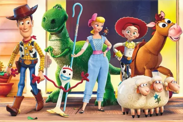 Obdélníkový jedlý obrázek na dort – Toy Story, Woody, Pastýřka, Rex a Jessie (modrá, zelená, hnědá)