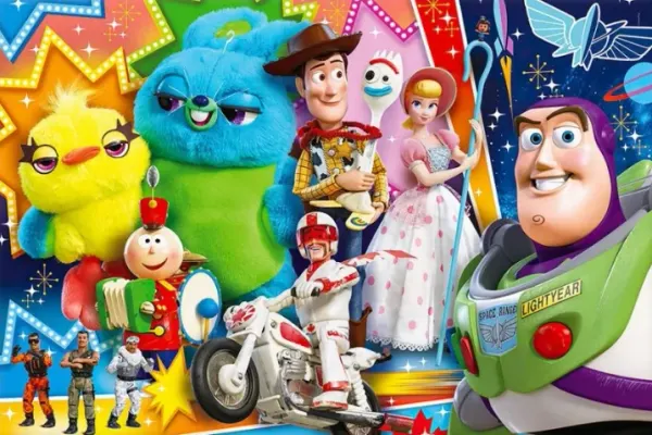 Obdélníkový jedlý obrázek na dort – Toy Story, Buzz Rakeťák, Woody a Duke Caboom (modrá, žlutá, červená)