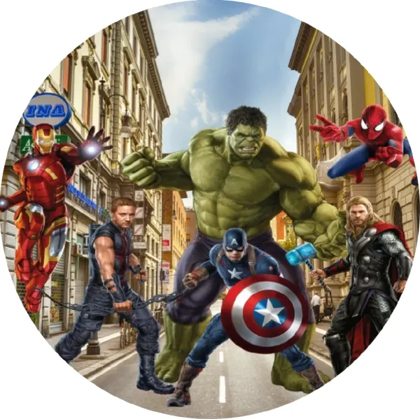 Kulatý jedlý obrázek na dort – Avengers, Hulk uprostřed městské ulice (modrá, zelená, červená)