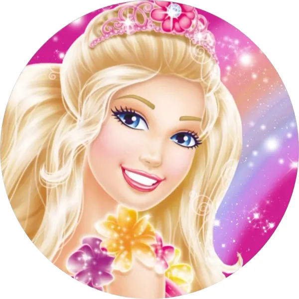 Kulatý jedlý obrázek na dort – Barbie, s květinovým náhrdelníkem a hvězdami (růžová, žlutá, fialová)