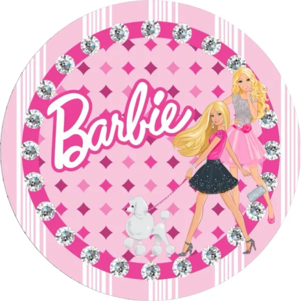 Kulatý jedlý obrázek na dort – Barbie, dvě kamarádky s bílým pudlem (růžová, bílá, stříbrná)