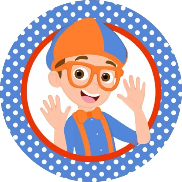 Kulatý jedlý obrázek na dort – Blippi, mávající s puntíkovaným okrajem (modrá, žlutá, červená)