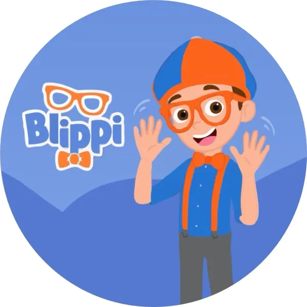 Kulatý jedlý obrázek na dort – Blippi, mávající s logem na modrém pozadí (modrá, červená, bílá)