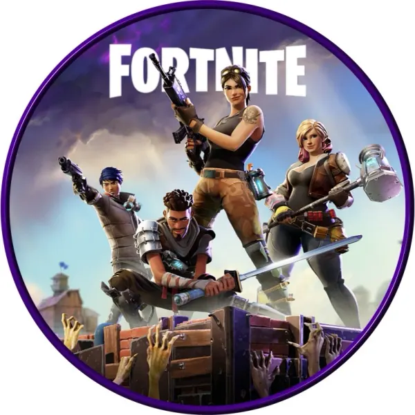 Kulatý jedlý obrázek na dort – Fortnite Classic (fialová, hnědá, modrá)