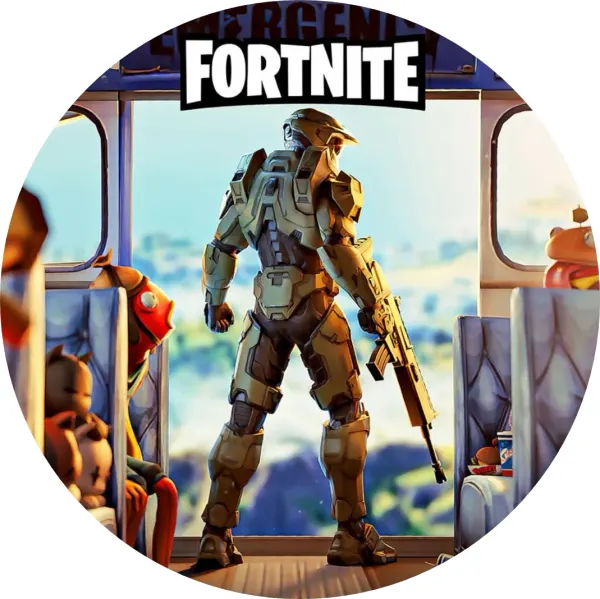 Kulatý jedlý obrázek na dort – Fortnite mise (modrá, zelená, hnědá)