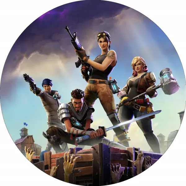 Kulatý jedlý obrázek na dort – Fortnite 7 (modrá, fialová, hnědá)