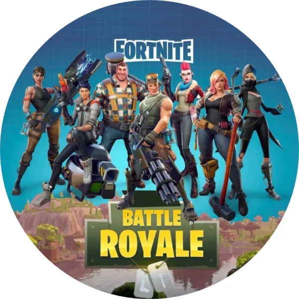 Kulatý jedlý obrázek na dort – Fortnite, Battle Royale (modrá, zelená, žlutá)