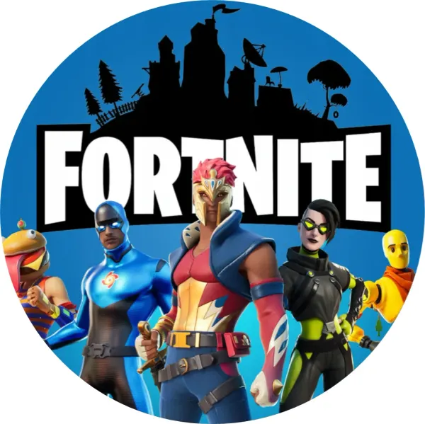 Kulatý jedlý obrázek na dort – Fortnite, Top (modrá, bílá, černá)