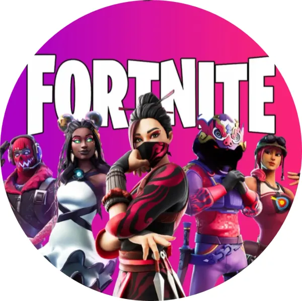 Kulatý jedlý obrázek na dort – Fortnite, Růžový (růžová, fialová, bílá)