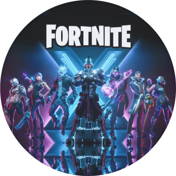 Kulatý jedlý obrázek na dort – Fortnite, Výzva (modrá, fialová, černá)