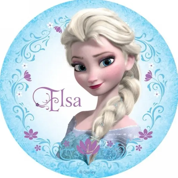 Kulatý jedlý obrázek na dort – Frozen, Elsa (modrá, tyrkysová, fialová)
