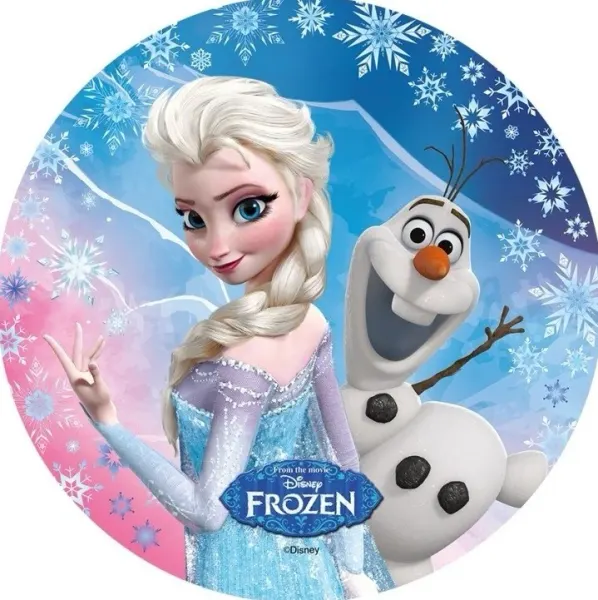 Kulatý jedlý obrázek na dort – Frozen, Duo (modrá, bílá, růžová)