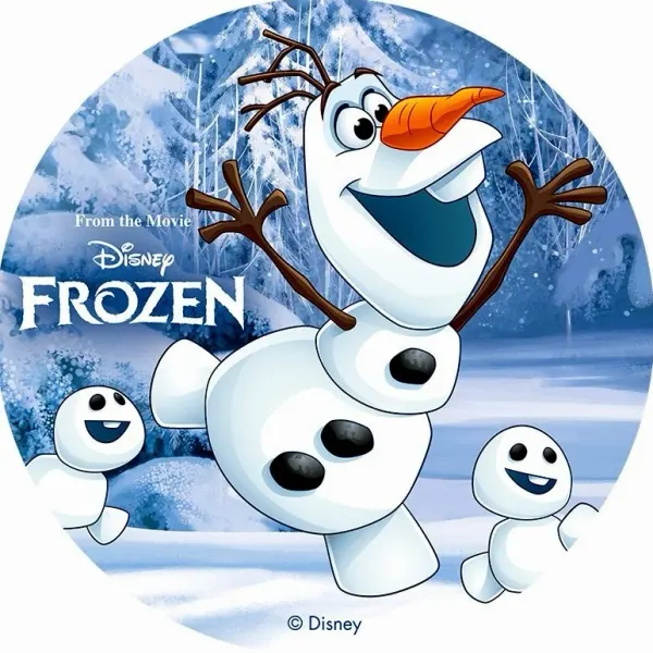 Kulatý jedlý obrázek na dort – Frozen, Veselý Olaf (modrá, bílá)