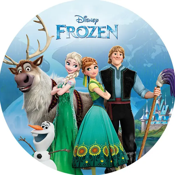 Kulatý jedlý obrázek na dort – Frozen, Léto (modrá, zelená, bílá)
