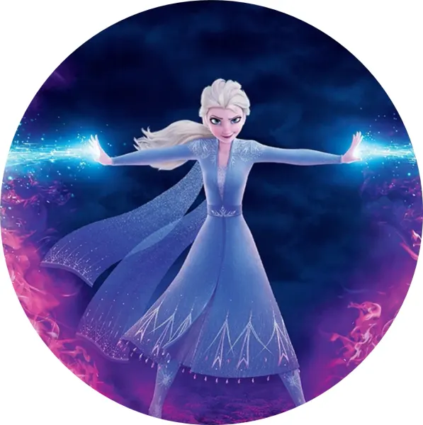 Kulatý jedlý obrázek na dort – Frozen, kouzlící Elsa v temné mystické mlze (modrá, fialová, bílá)
