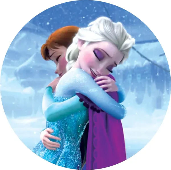 Kulatý jedlý obrázek na dort – Frozen, Objetí (modrá, fialová, bílá)