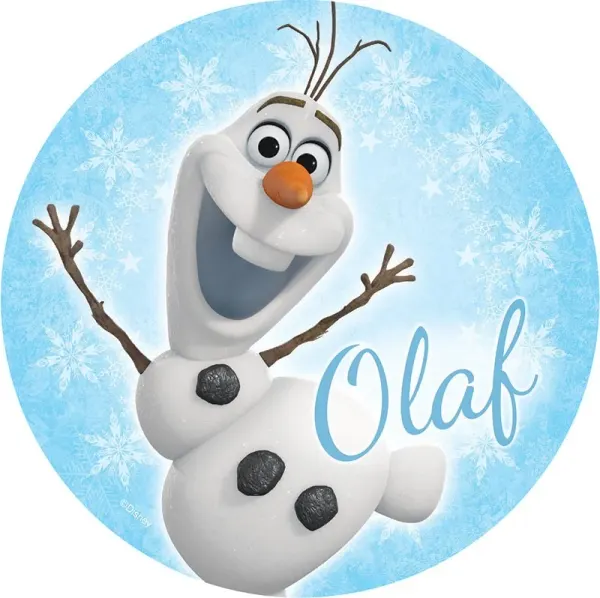 Kulatý jedlý obrázek na dort – Frozen, Olaf (modrá, bílá, hnědá)