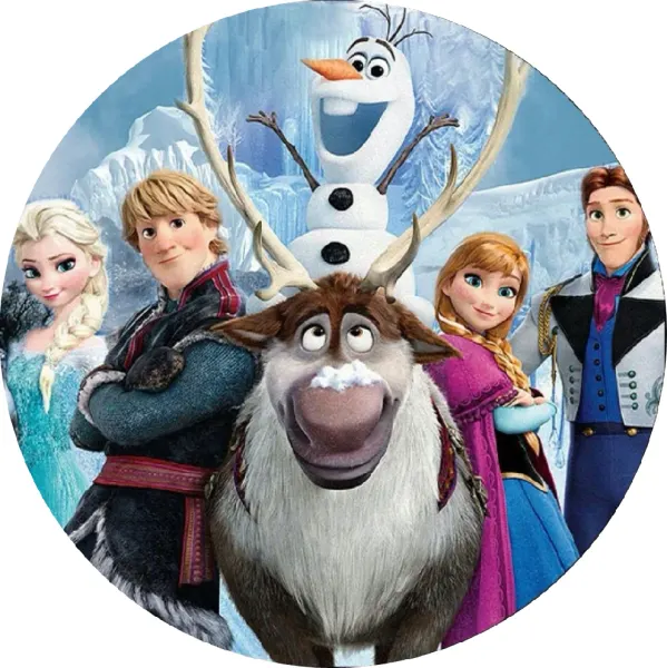 Kulatý jedlý obrázek na dort – Frozen, Pohoda (modrá, bílá, hnědá)