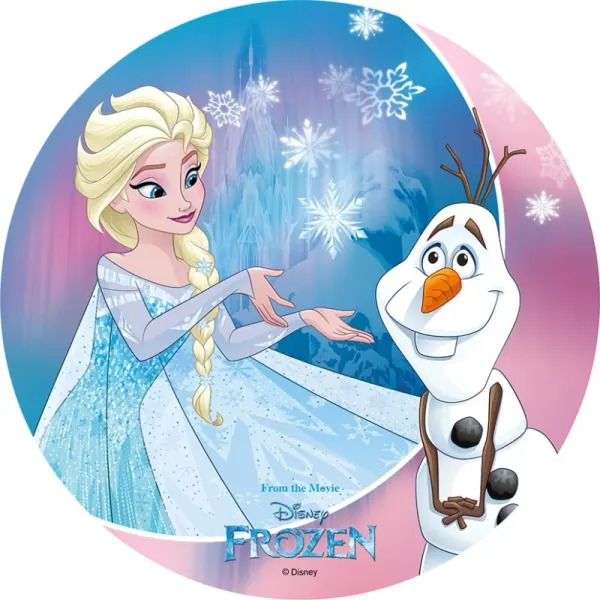 Kulatý jedlý obrázek na dort – Frozen, Elsa s Olafem před ledovým palácem (modrá, růžová, bílá)