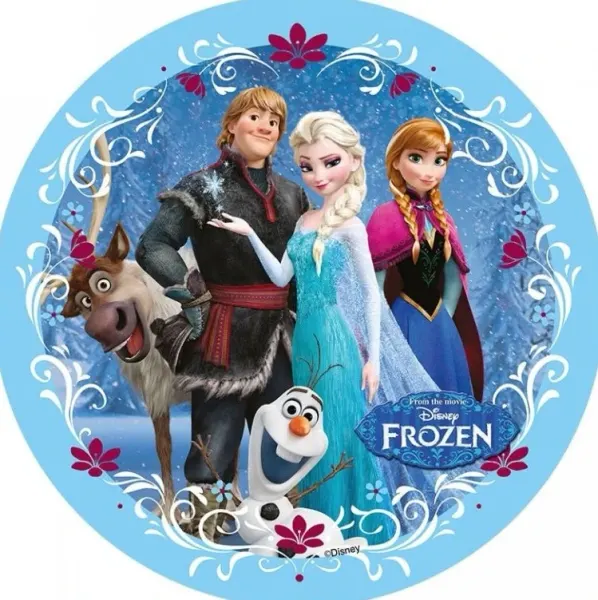 Kulatý jedlý obrázek na dort – Frozen, Classic (modrá, bílá, fialová)