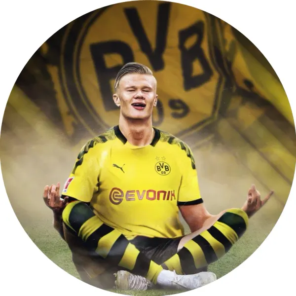 Kulatý jedlý obrázek na dort – Erling Haaland, zenová pozice v dresu BVB (žlutá, černá, bílá)