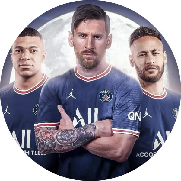 Kulatý jedlý obrázek na dort – Messi, Neymar, MPappé (modrá, bílá, červená)