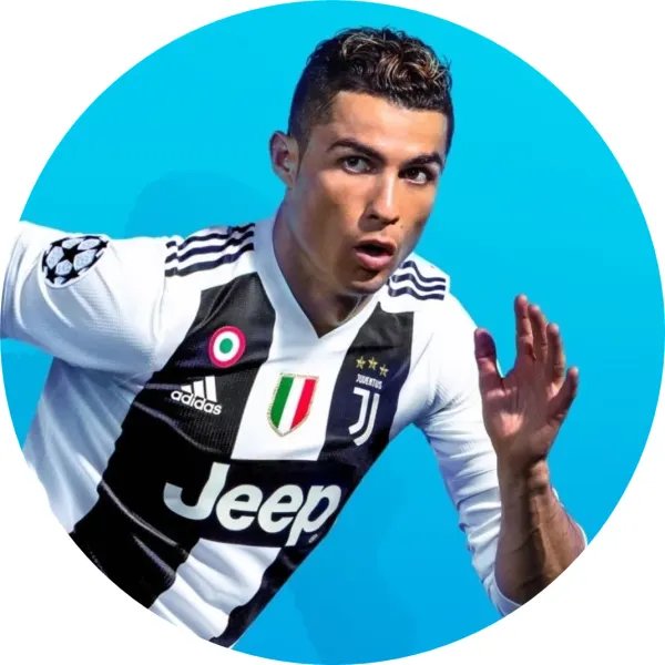 Kulatý jedlý obrázek na dort – Ronaldo, Juventus (modrá, bílá, černá)