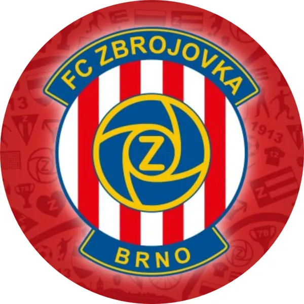 Kulatý jedlý obrázek na dort – Zbrojovka Brno, znak a silueta města (červená, modrá, bílá)