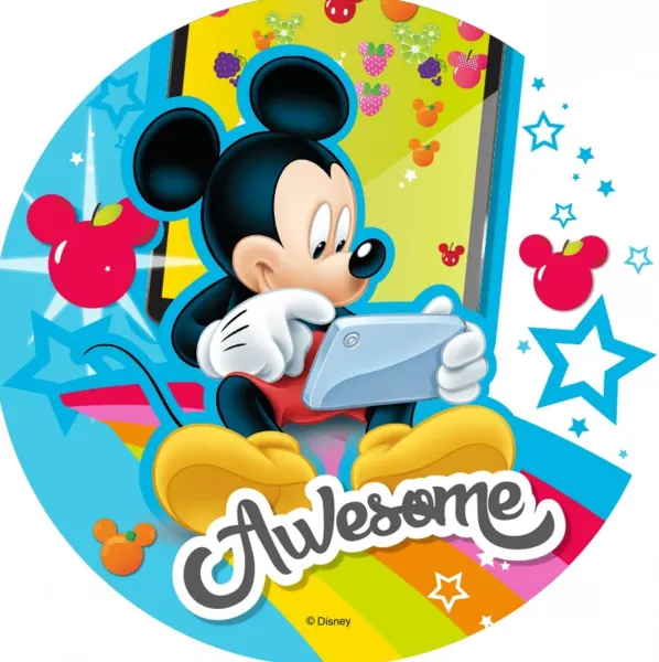 Kulatý jedlý obrázek na dort – Mickey Mouse, Awesome (modrá, žlutá, červená)