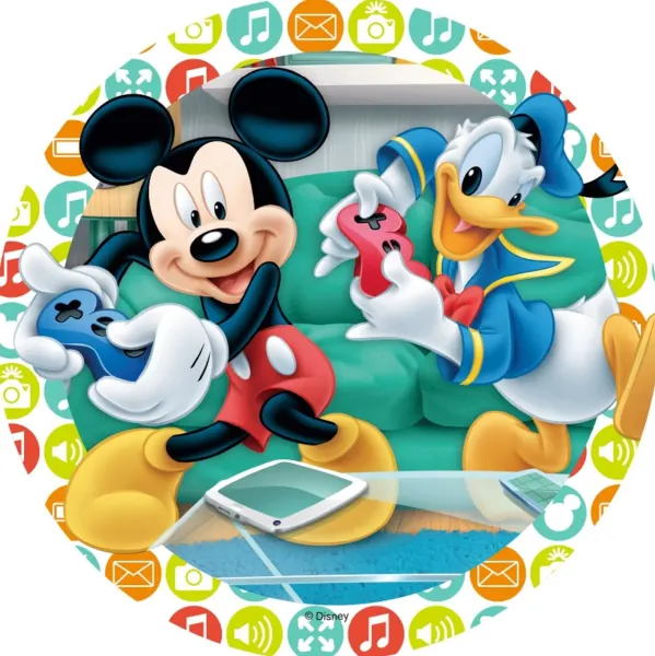 Kulatý jedlý obrázek na dort – Mickey a kačer Donald, Gamer (modrá, červená, zelená)