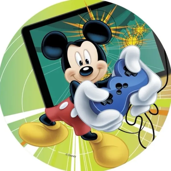 Kulatý jedlý obrázek na dort – Mickey Mouse, Game (zelená, modrá, černá)