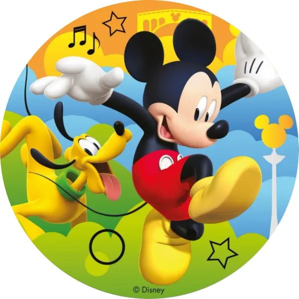 Kulatý jedlý obrázek na dort – Mickey a Pluto (žlutá, červená, zelená)