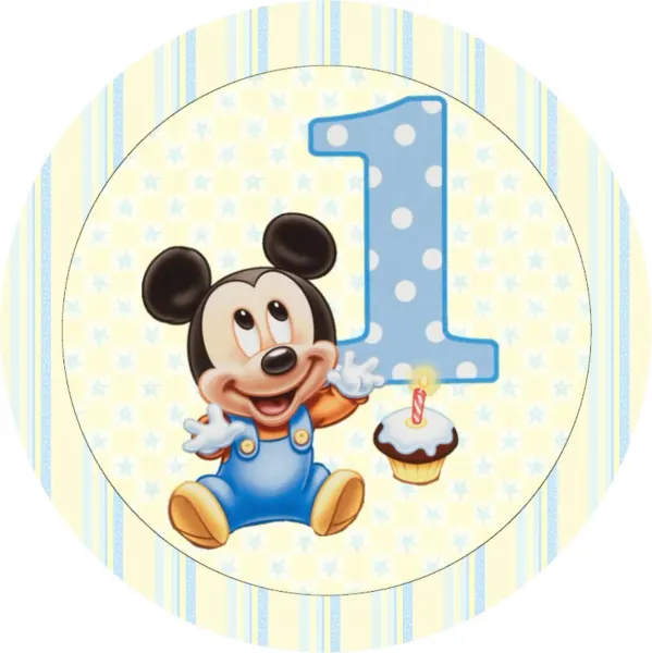 Kulatý jedlý obrázek na dort – Mickey, 1. narozeniny (modrá, žlutá, bílá)