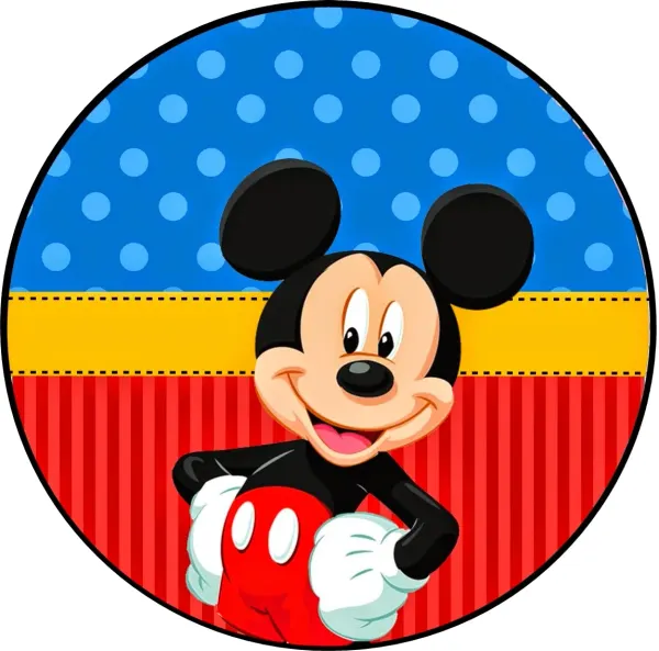 Kulatý jedlý obrázek na dort – Mickey Mouse, puntíkované a pruhované pozadí (červená, modrá, žlutá)